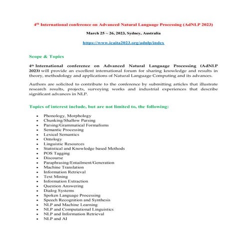 4th International conference on Advanced Natural Language Processing (AdNLP 2023)