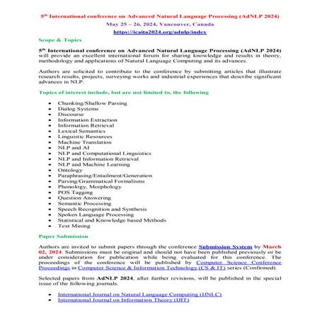 Research Article Submission - 5th International conference on Advanced Natural Language Processing (AdNLP 2024)