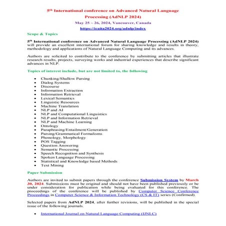 Call for Research Articles - 5th International conference on Advanced Natural Language Processing (AdNLP 2024)