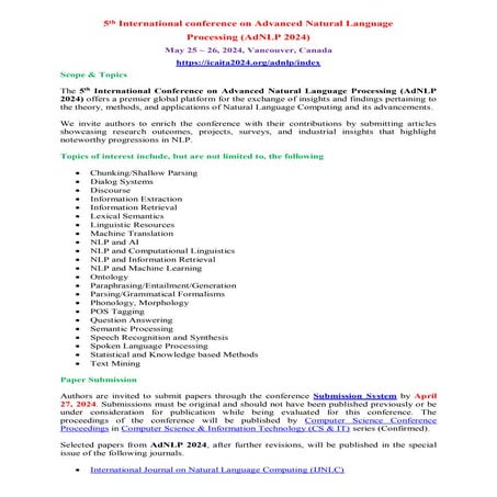 Call for Research Articles - 5th International Conference on Advanced Natural Language Processing (AdNLP 2024)