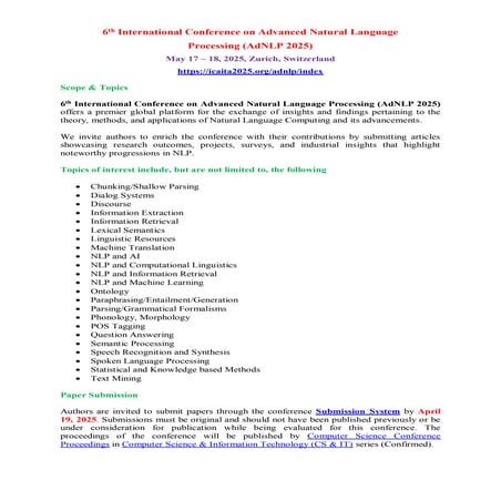 Submit Your Research Articles - 6th International Conference on Advanced Natural Language Processing (AdNLP 2025)