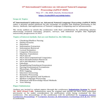 Online Paper Submission - 6th International Conference on Advanced Natural Language Processing (AdNLP 2025)