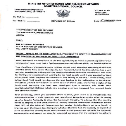 Somé Traditional Council wants Akufo-Addo to halt Reallocation of Adafienu Concession to Elite Minerals And Planet One Natural Resources