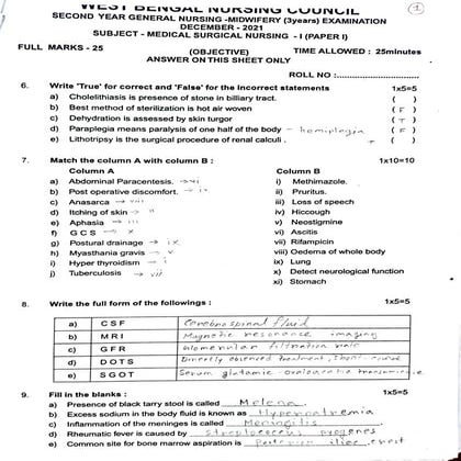 Medical surgical nursing 1 short question 