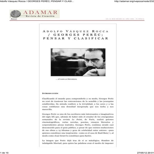 ADOLFO VÁSQUEZ ROCCA PH.D._ GEORGES PEREC; PENSAR Y CLASIFICAR, en Revista ADAMAR, UNESCO