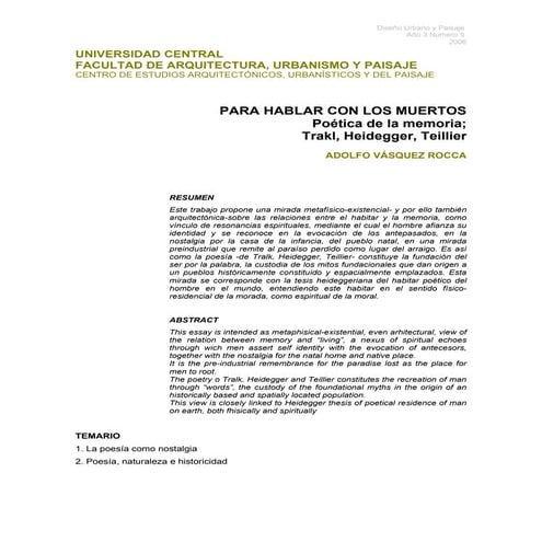 Adolfo vásquez rocca ph.d., para hablar con los muertos poética de la memoria, trakl, heidegger, teillier du&p n9 2006