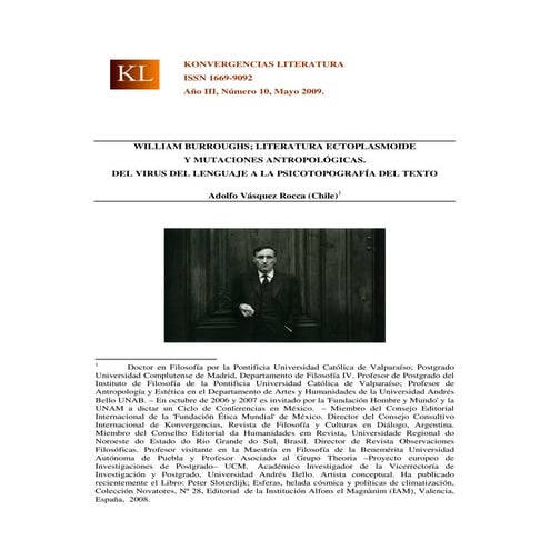 Adolfo vásquez rocca ph.d.  william burroughs; literatura ectoplasmoide y mutaciones antropológicas. del virus del lenguaje a la psicotopografía, en konvergencias