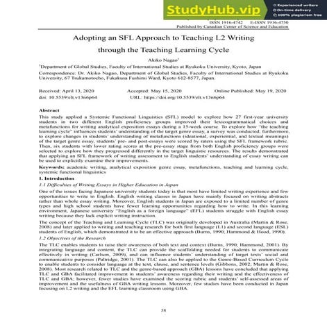 Adopting An SFL Approach To Teaching L2 Writing Through The Teaching Learning...