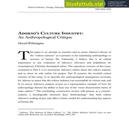 Adorno S Culture Industry An Anthropological Critique | PDF