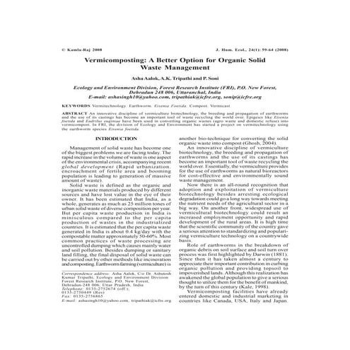 Vermicomposting: A Better Option for Organic Solid Waste Management