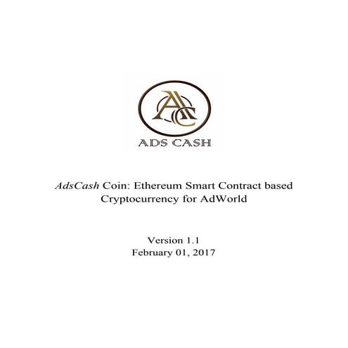 AdsCash Coin: Ethereum Smart Contract based Cryptocurrency for AdWorld