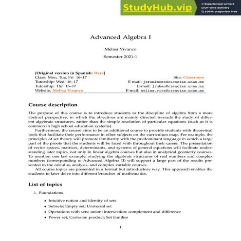 Advanced Algebra I