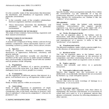 Advanced ecology notes 2020, 