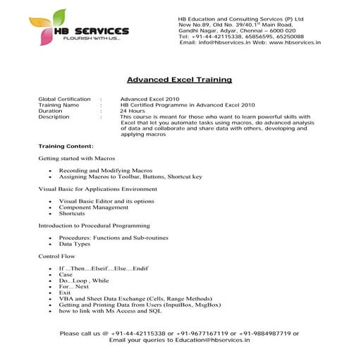 Advanced excel training - HB Educational Services