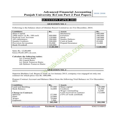 Advanced financial accounting past paper 2016 b.com part 2 punjab university