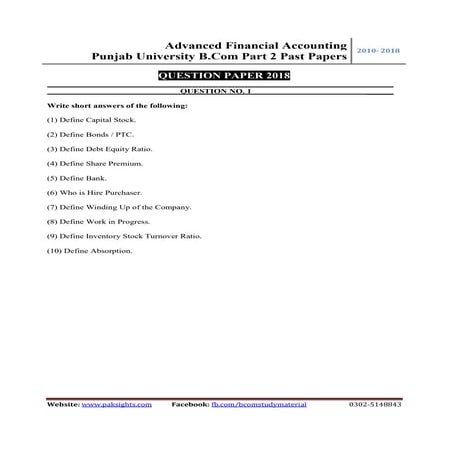Advanced financial accounting past paper 2018 b.com part 2 punjab university