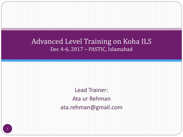 Advanced Level Training on Koha / TLS (ToT)