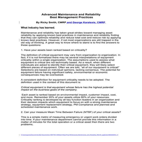 Advanced Maintenance And Reliability (Best Maintenance and Reliability Practi...