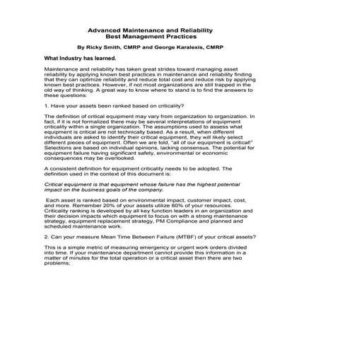 Advanced Maintenance And Reliability  (Maintenance and Reliability Best Pract...