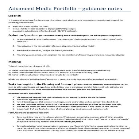 Advanced media portfolio guidance task sheets and criteria.
