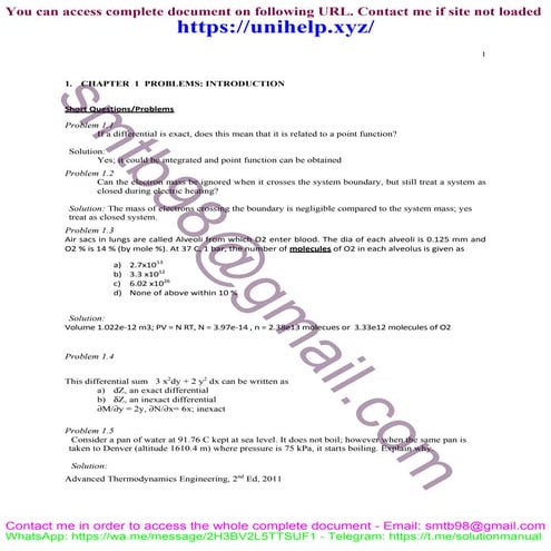 Advanced Thermodynamics Engineering 2nd Edition - Answers to Problems by Anna...