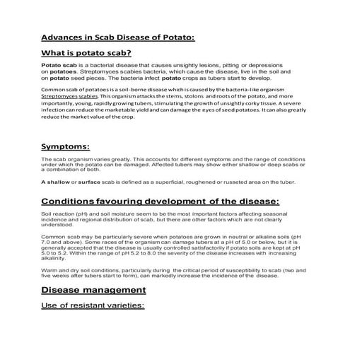 Advances in scab disease of potato