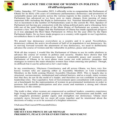 ADVANCE THE COURSE OF WOMEN IN POLITICS- PARLIAMENT OF GHANA- SUCCESS PRINCE DUAH MENSAH.pdf