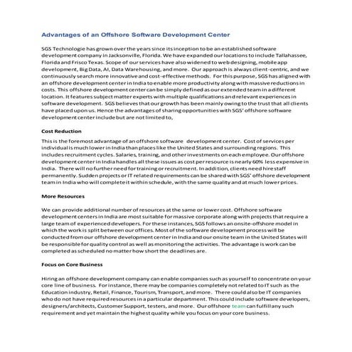 Advantages of an offshore software development center