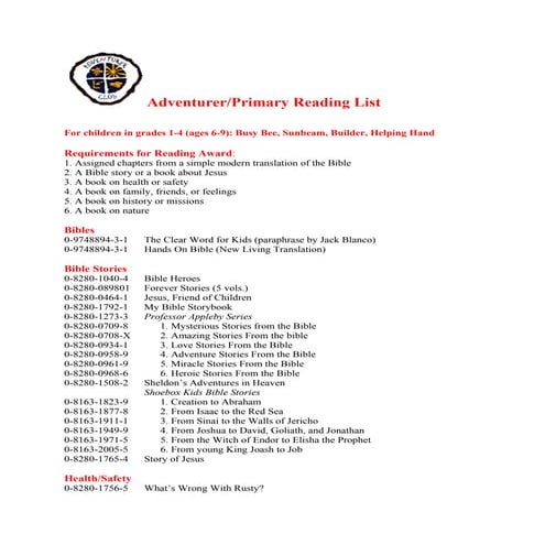 Adventurer readinglist