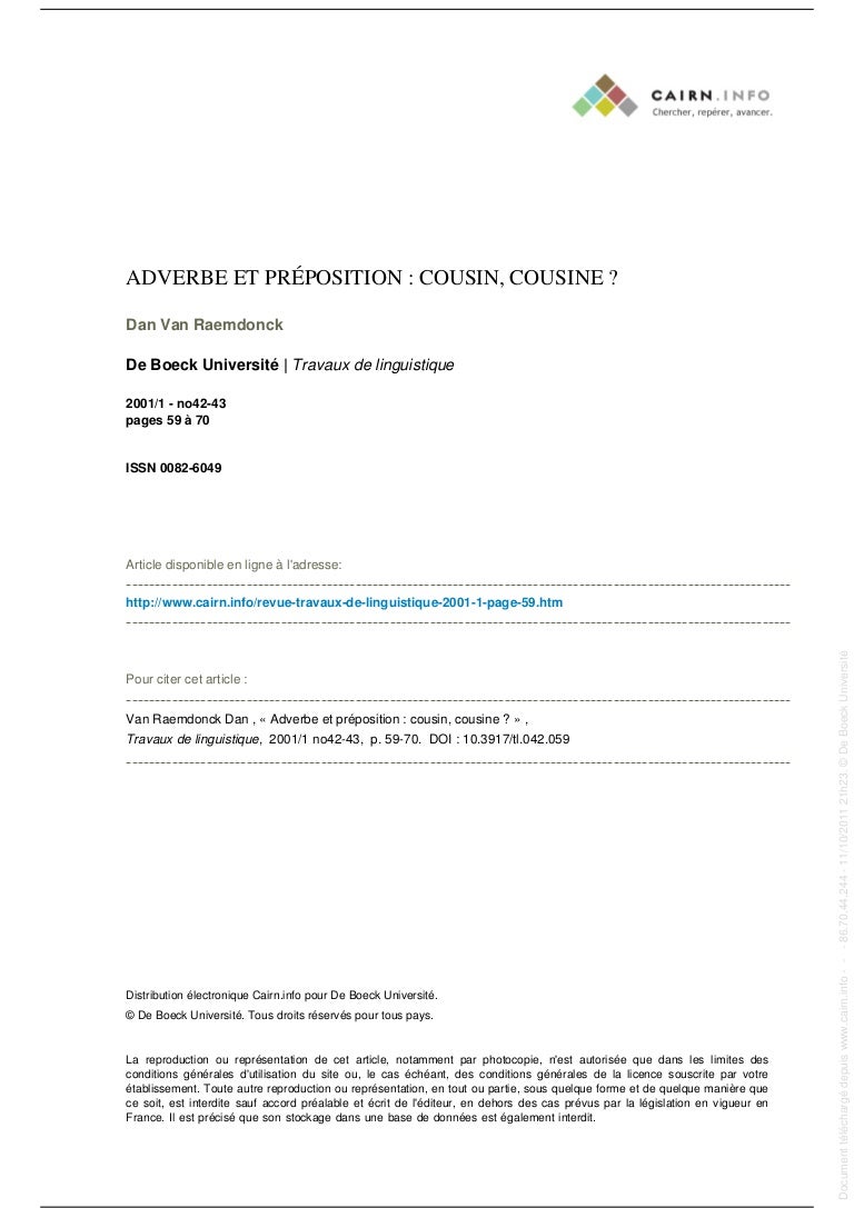 Adverbe Et Preposition Cousin Cousine