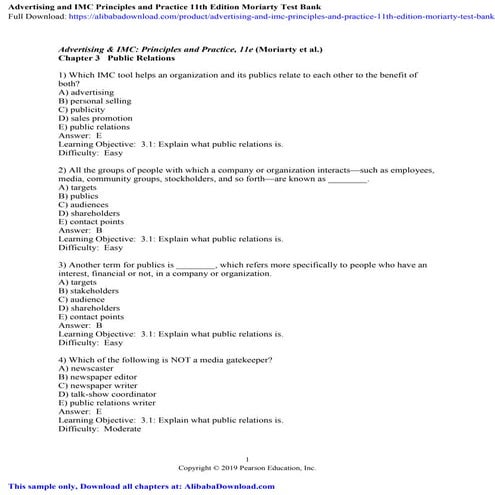 Advertising and IMC Principles and Practice 11th Edition Moriarty Test Bank