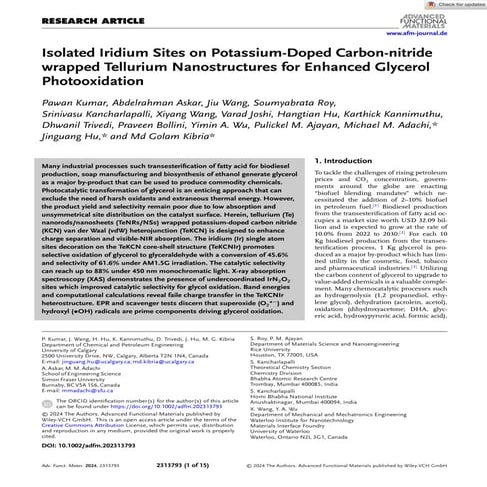 Isolated Iridium Sites on Potassium-Doped Carbon-nitride wrapped Tellurium Na...