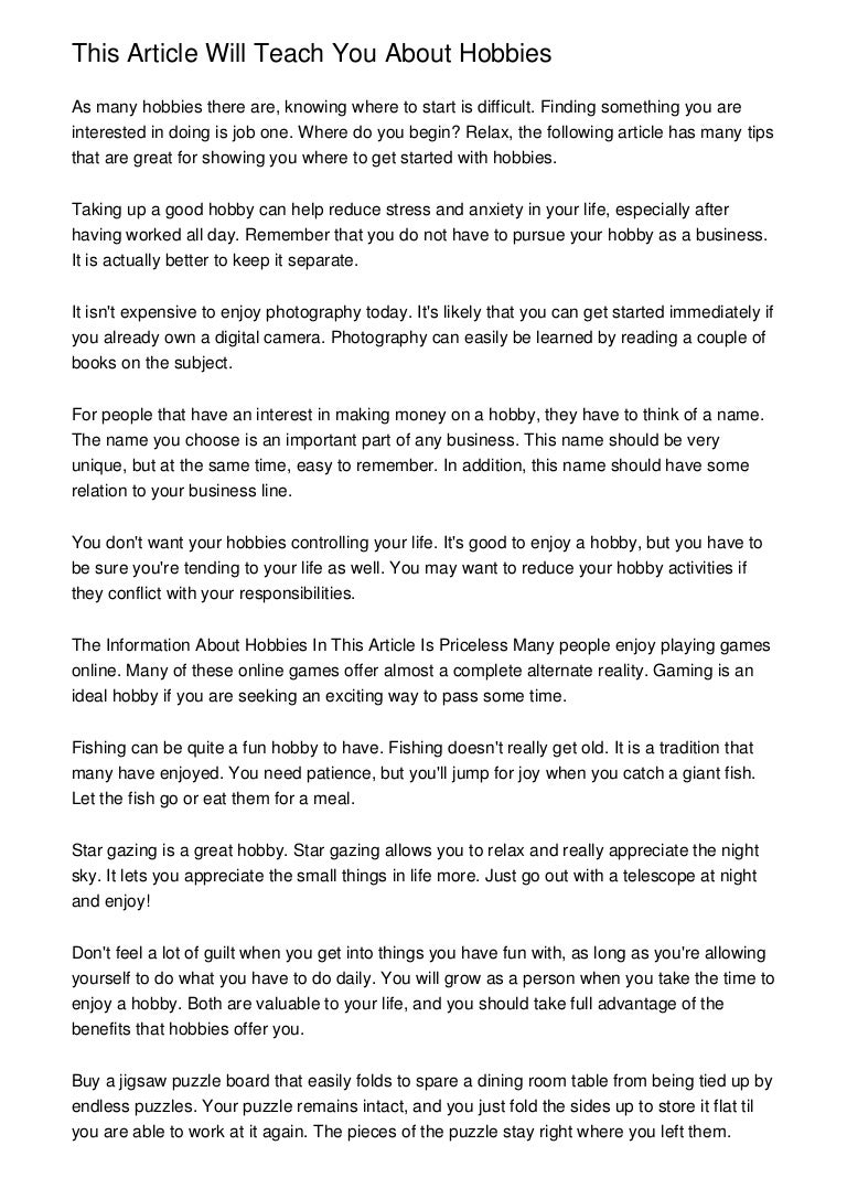 This Article Will Teach You About Hobbies