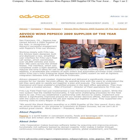 Advoco wins pepsico 2009 supplier of the year award