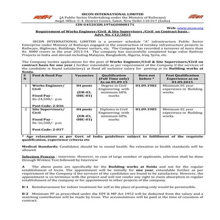 IRCON notification  2015 noida