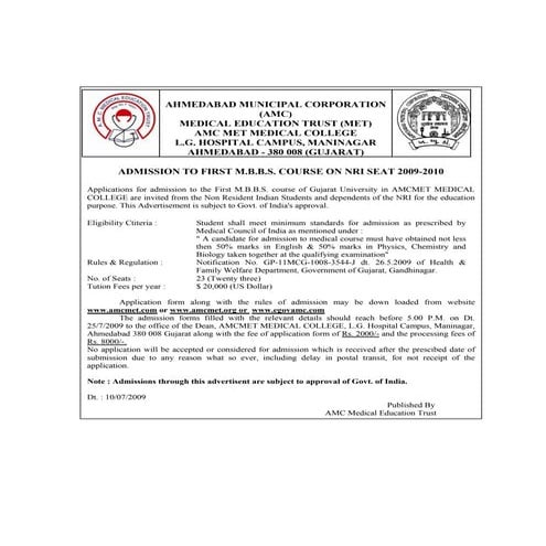 Advt Admission 1 St Mbbs On Nri Seat 0910