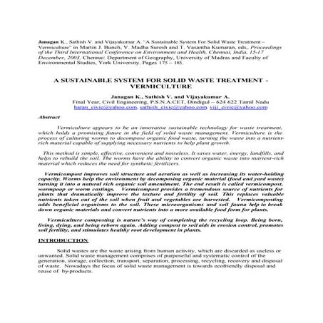 Vermiculture: A Sustainable System for Solid Waste Treatment