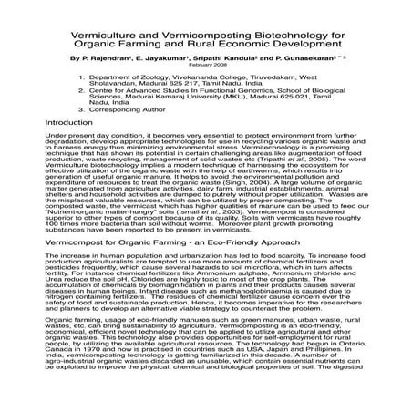 Vermiculture and Vermicomposting Biotechnology for Organic Farming and Rural ...