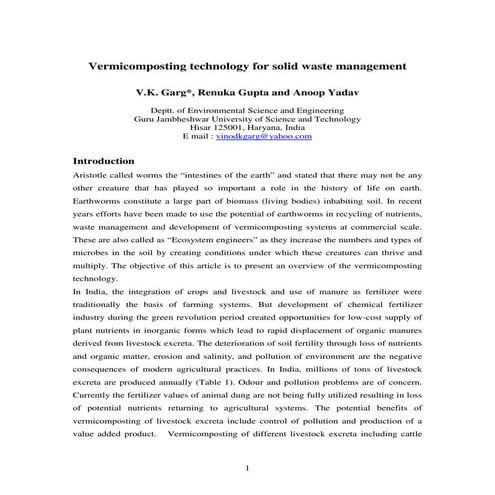 Vermicomposting Technology for Solid Waste Management