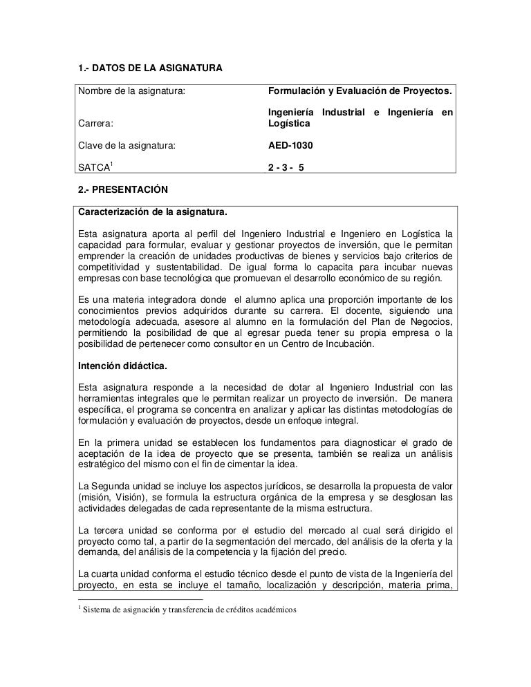 Ae 30 Formulacion Y Evaluacion De Proyectos