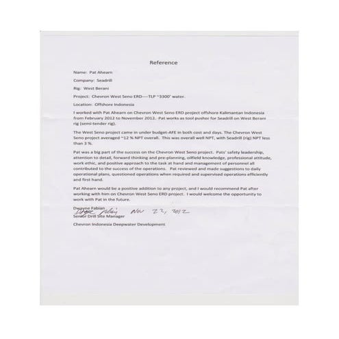 Personal reference from Chevron DSV Dwayne Fabian