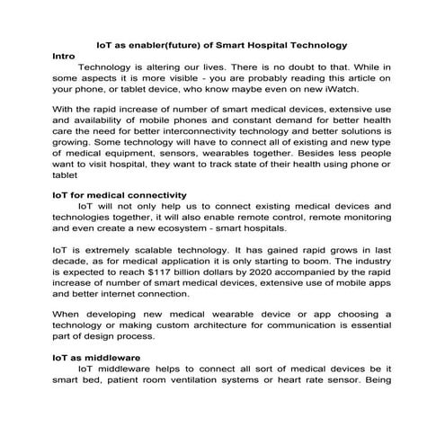 IoT as enabler(future) of Smart Hospital Technology