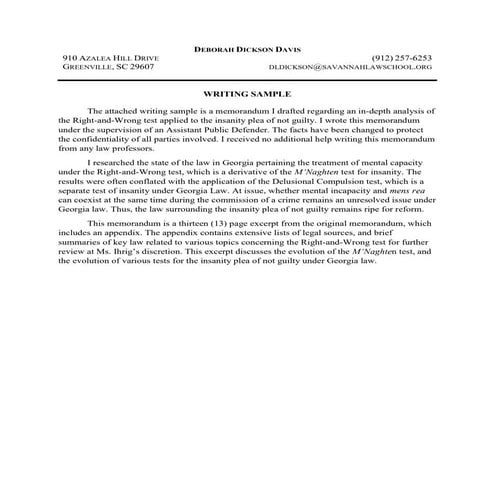 Dickson_Davis_Deborah_Sample_Writing_Memorandum_Insanity_Defense_060716