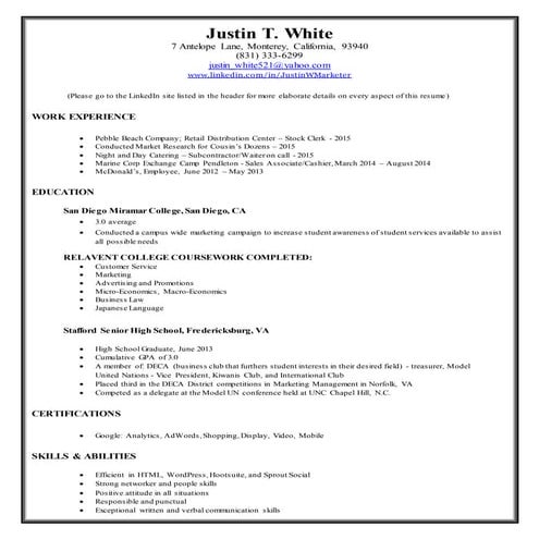 Justin White Marketing Resume