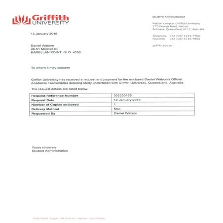 Griffith Academic Transcript