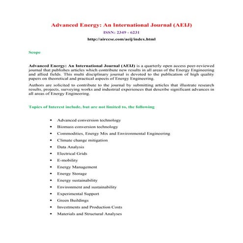 Advanced Energy: An International Journal (AEIJ)