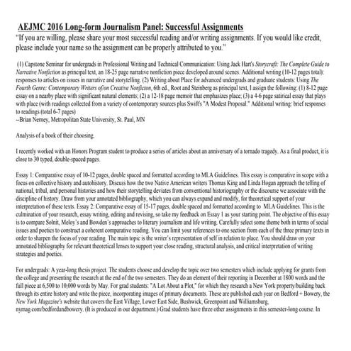 AEJMC Literary Journalism Handout 2016 Assignments