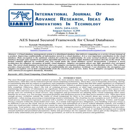 Aes based secured framework for cloud databases