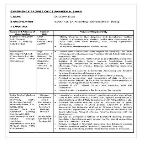 CS Sanjeev Shah_Experience Profile