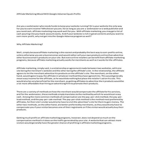 Affiliate marketing mixed with google adsense equals profits